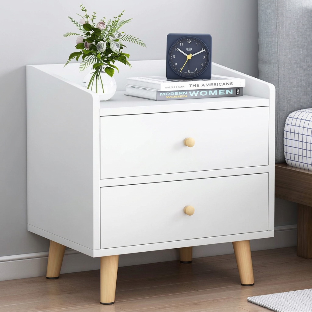White two-drawer nightstand co39 with wood-tone knobs and legs