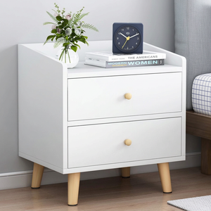 White two-drawer nightstand co39 with wood-tone knobs and legs