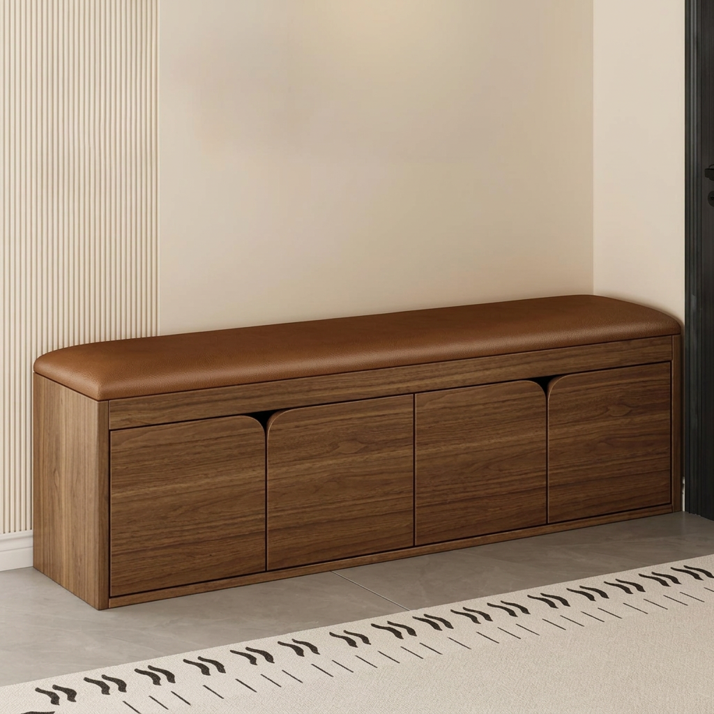 Brown shoe storage bench su393 with four doors and padded seat