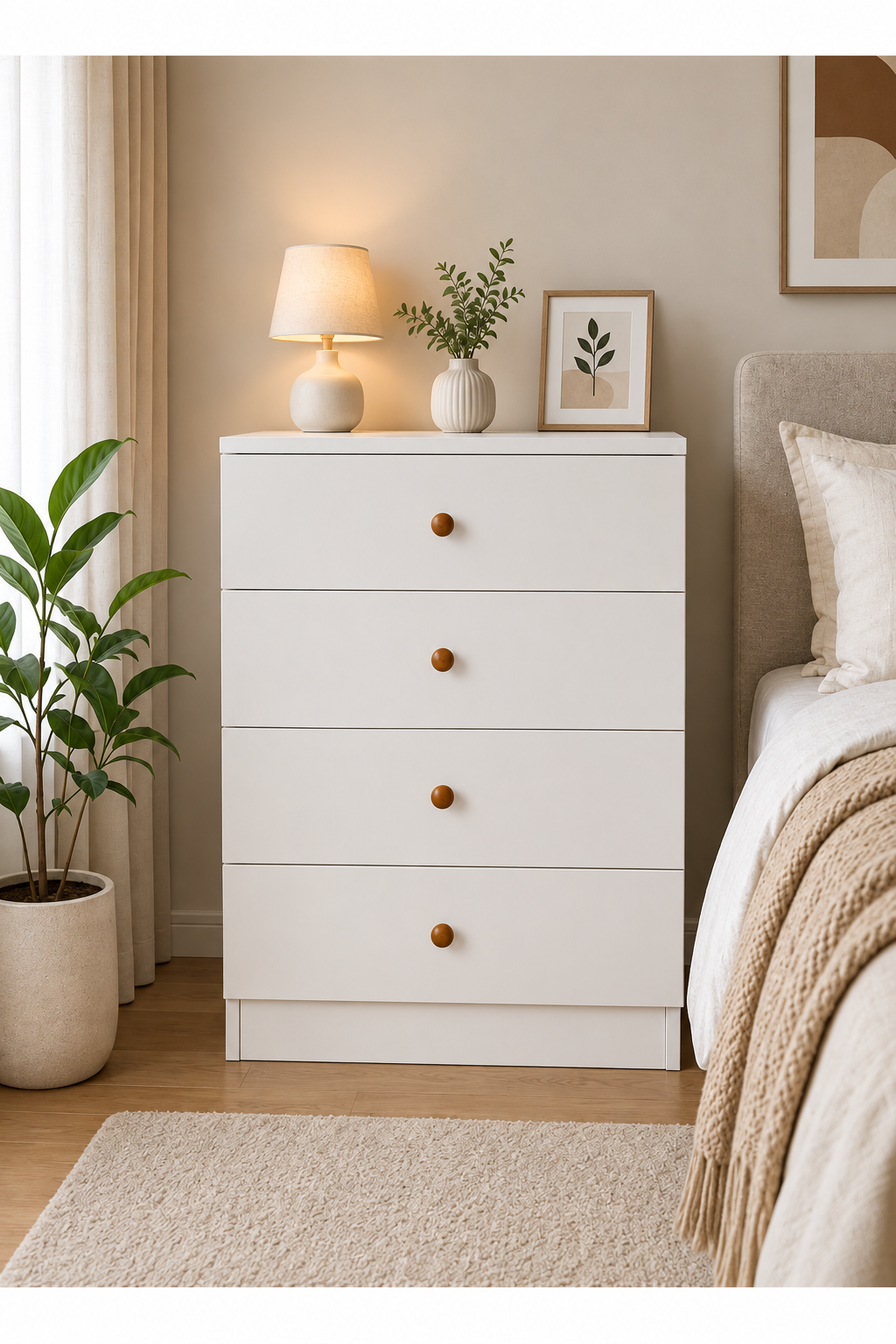 DR32 white four-drawer chest with round knobs