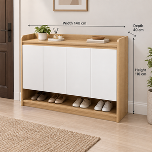 Modern light wood and white shoe cabinet, width 140 cm, depth 40 cm, height 110 cm