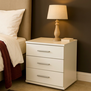 Off-white three-drawer nightstand co50 with silver-tone handles