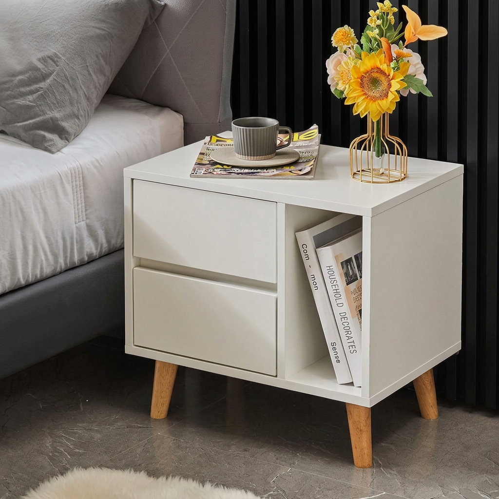 White nightstand co41 with two drawers and open book compartment