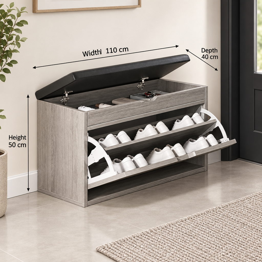 Compact grey shoe cabinet, width 110 cm, depth 40 cm, height 50 cm