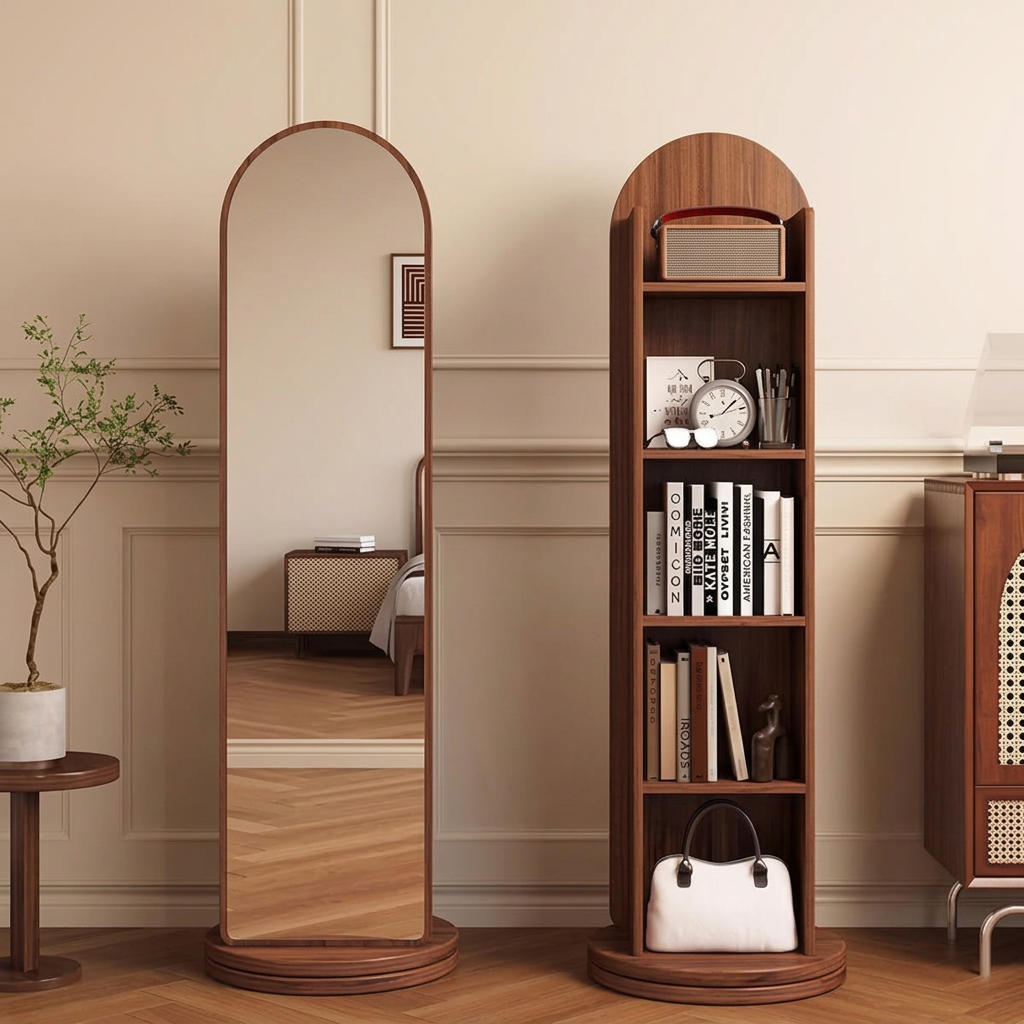 Brown arched full-length mirror storage unit su1003 front and rear views
