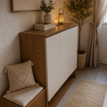 Wood-effect and white shoe cabinet su391 with cushioned left side bench