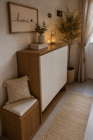 Wood-effect and white shoe cabinet su391 with cushioned left side bench