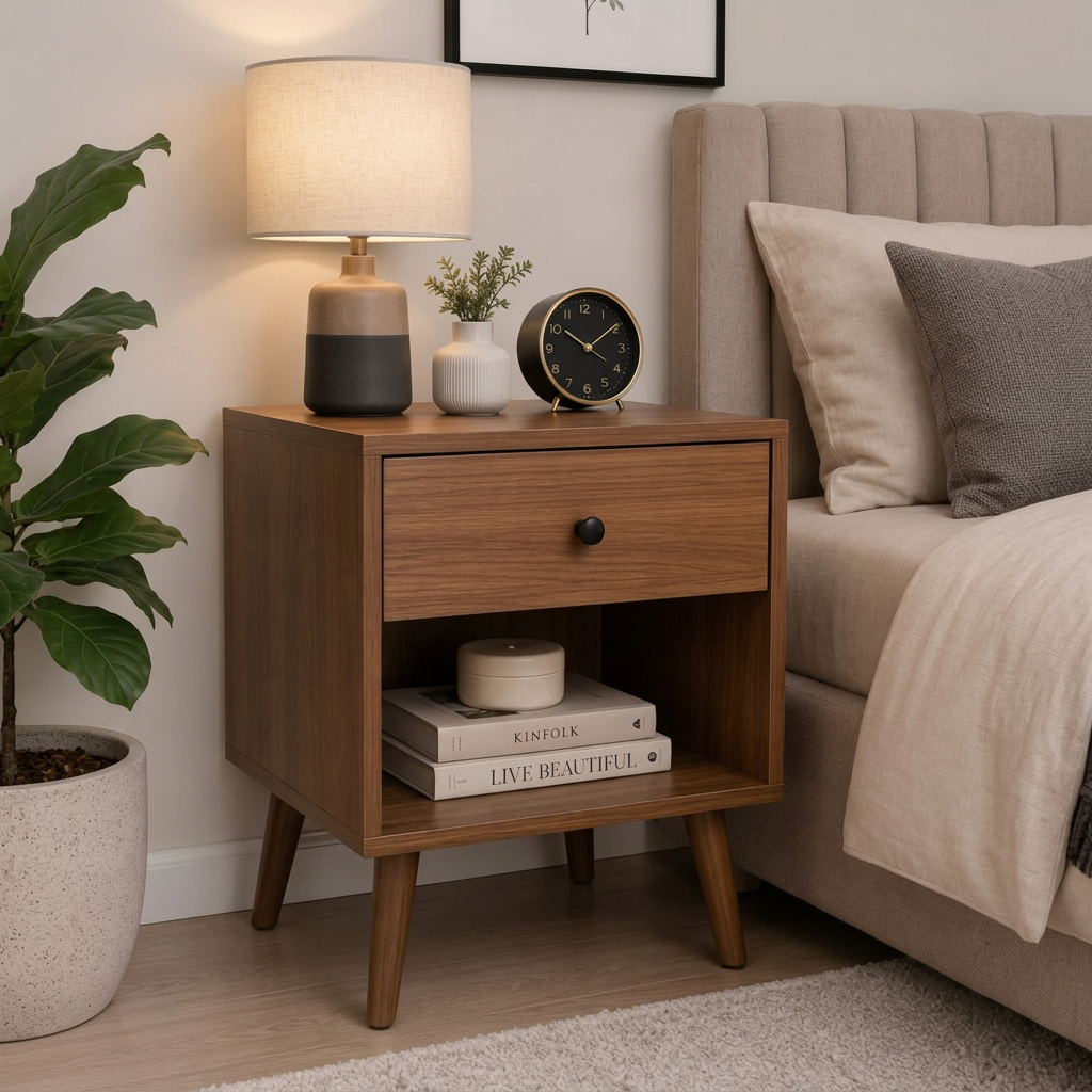 Brown wood-effect nightstand co46 with drawer and open shelf