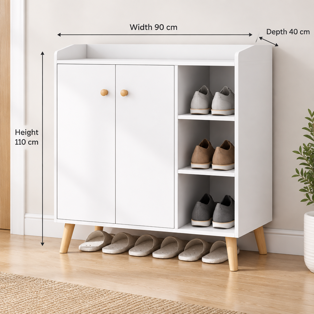Modern white shoe cabinet, width 90 cm, depth 40 cm, height 110 cm