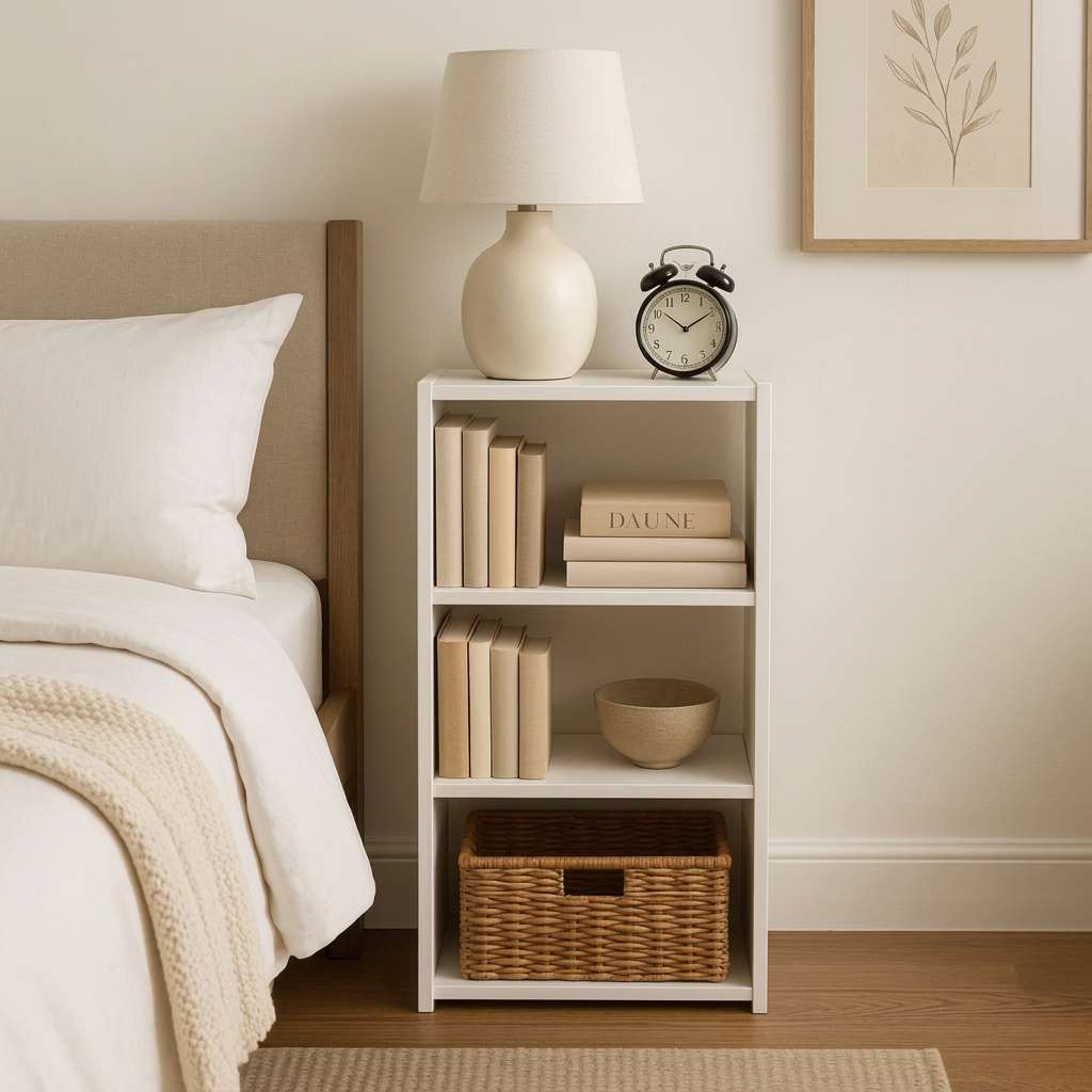 White nightstand co31 with three open compartments