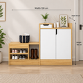 Modern natural wood and white shoe cabinet, width 130 cm, depth 40 cm, height 100 cm