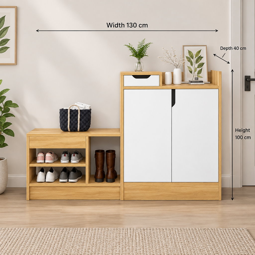 Modern natural wood and white shoe cabinet, width 130 cm, depth 40 cm, height 100 cm