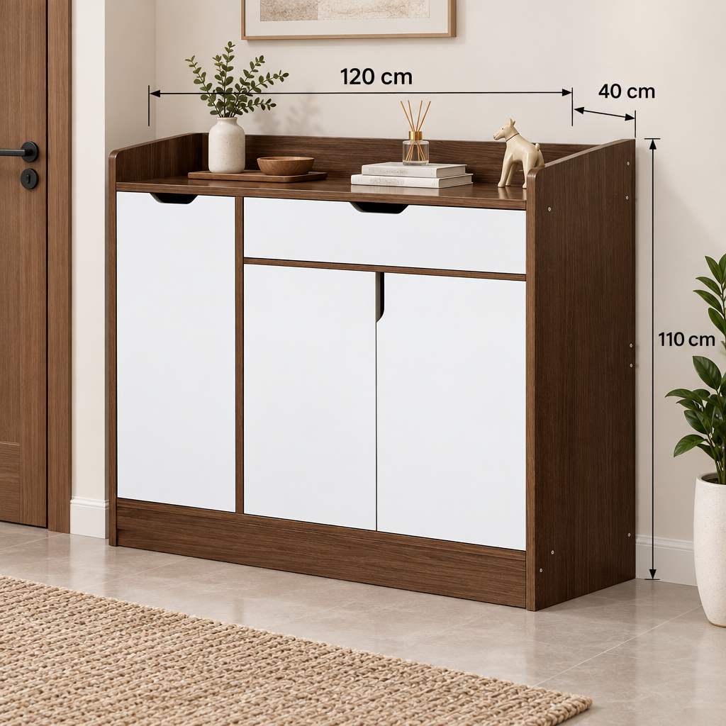 Modern walnut and white shoe cabinet, width 120 cm, depth 40 cm, height 110 cm