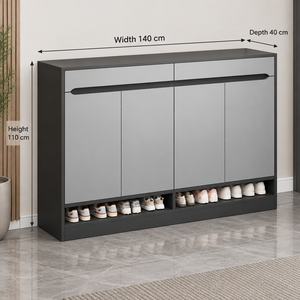 Modern gray and black shoe cabinet, width 140 cm, depth 40 cm, height 110 cm