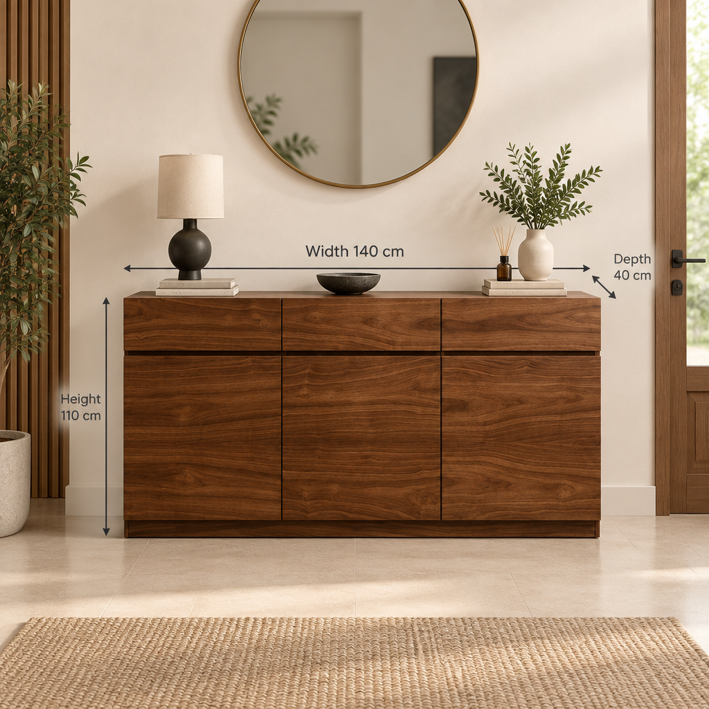 Modern walnut shoe cabinet, width 140 cm, depth 40 cm, height 110 cm
