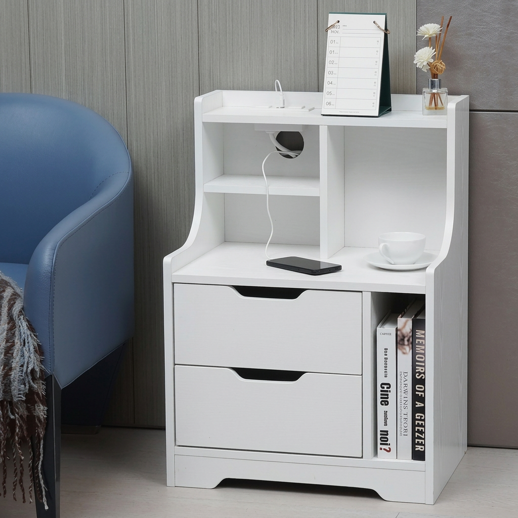 White nightstand co42 with two drawers and open storage shelves