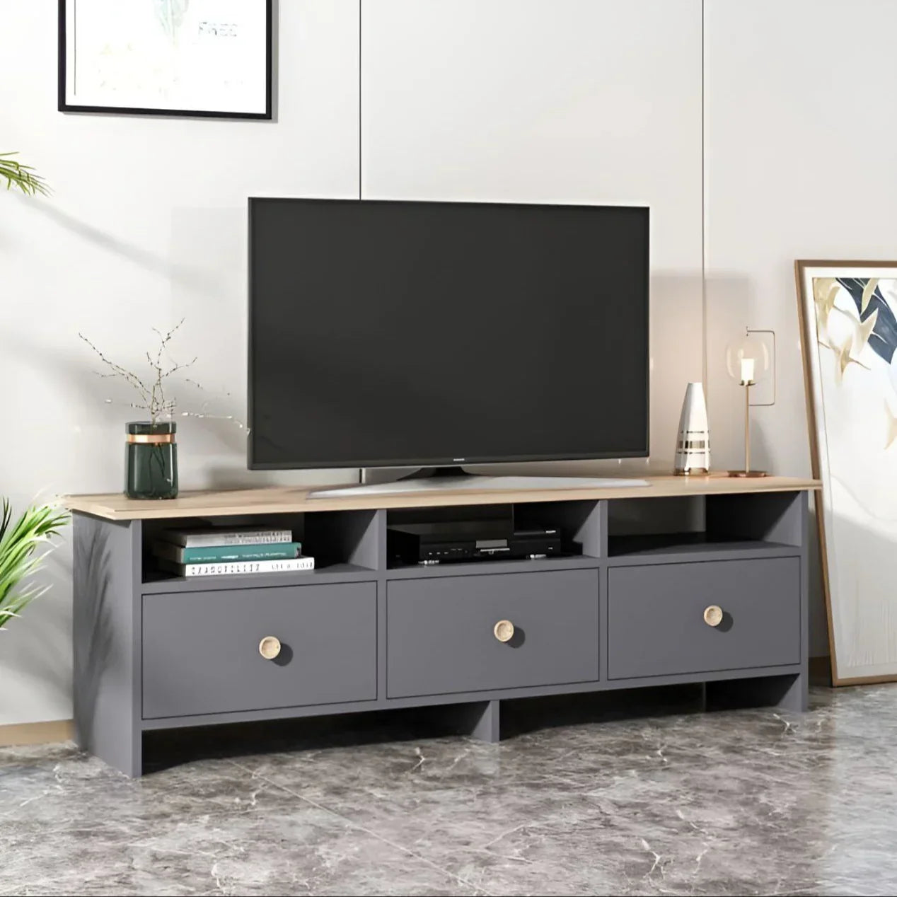 Wooden & Grey TV Unit – 140 × 40 × 30 cm | TV83