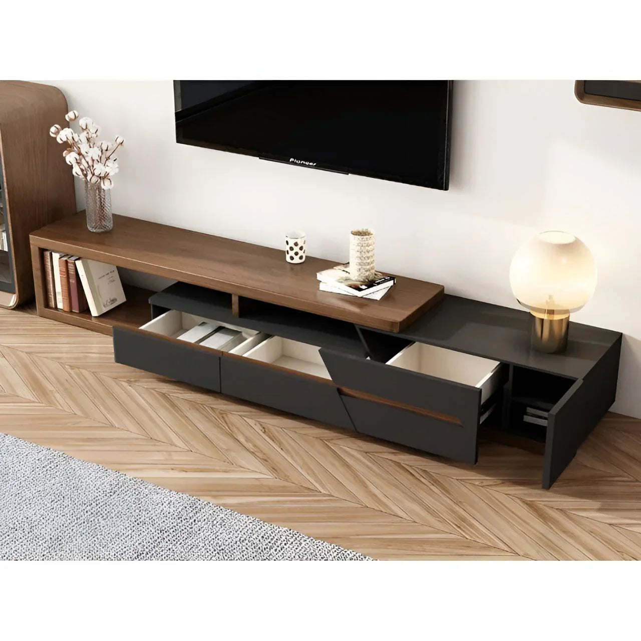 Wooden & Black TV Unit – 240 × 40 × 40 cm | TV89