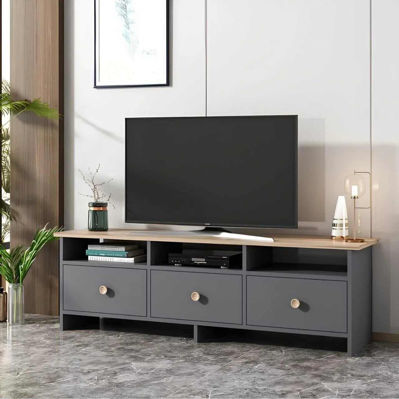 Wooden & Grey TV Unit – 140 × 40 × 30 cm | TV83