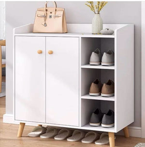 Modern white shoe cabinet with open shelves and wood legs