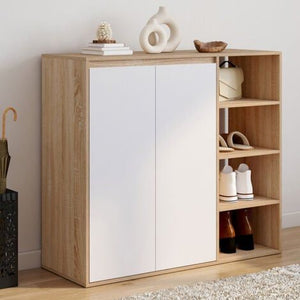 Modern natural wood and white shoe cabinet with side shelves