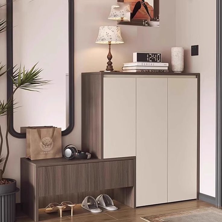 Modern walnut and cream shoe cabinet with lower bench