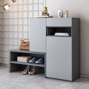 Modern grey shoe cabinet with open shoe shelves