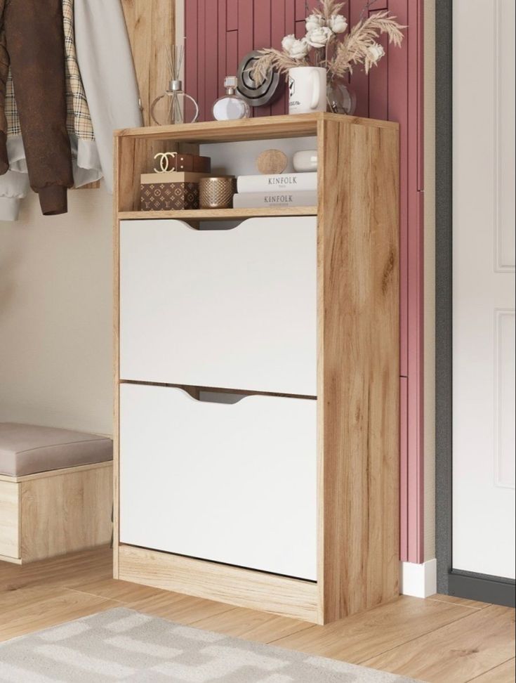 Modern natural wood and white shoe cabinet