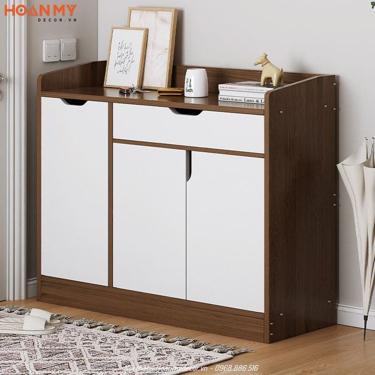 Modern walnut and white shoe cabinet with drawers