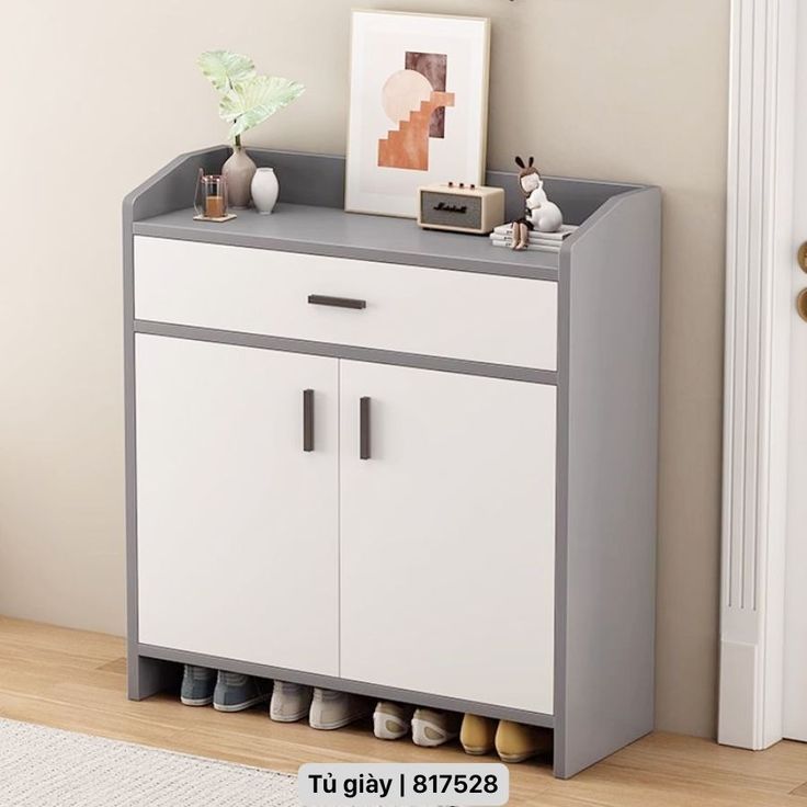 Modern light grey and white shoe cabinet with drawer