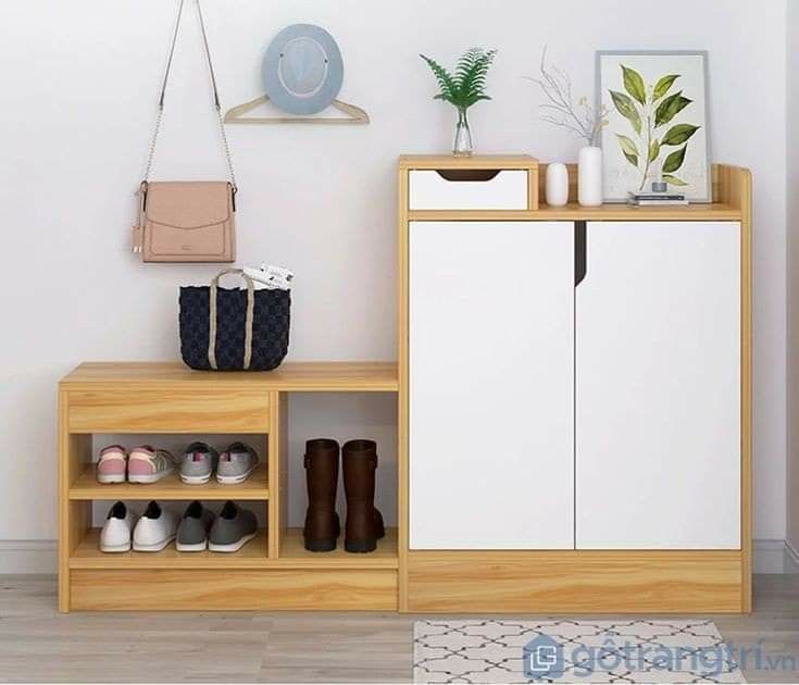 Modern natural wood and white shoe cabinet with open shelves