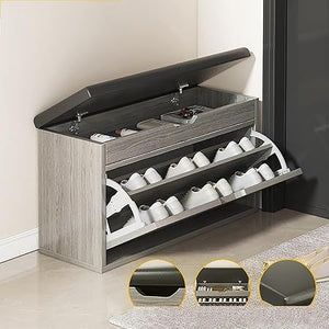 Compact grey shoe cabinet with angled shoe racks