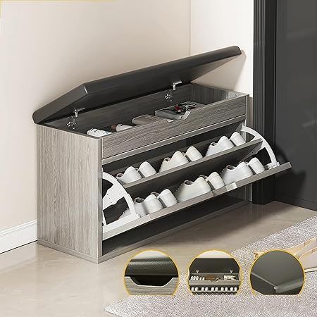 Compact grey shoe cabinet with angled shoe racks