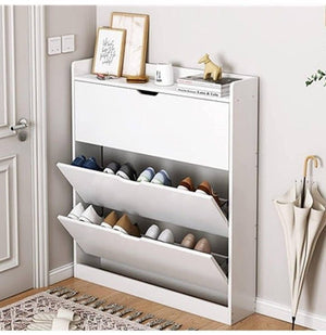 Modern slim white shoe cabinet with two flip-down compartments